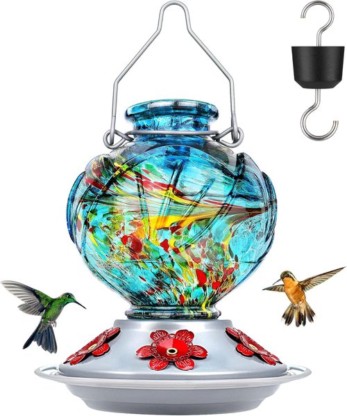 BOLITE Hummingbird Feeder - Hand Blown Glass Design with 5 Bee-Proof Ports | 22oz Blue Peony Gift
