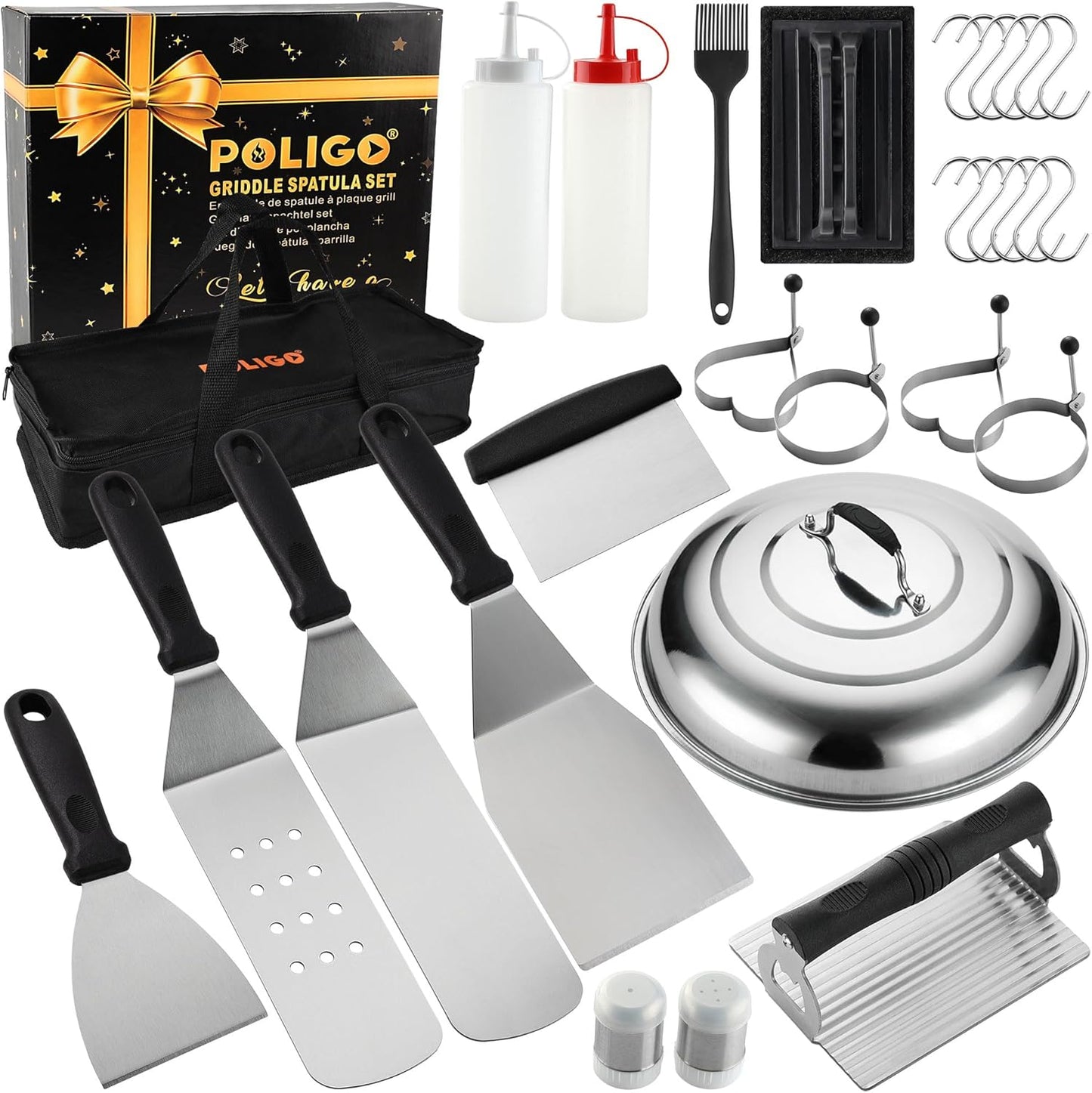 POLIGO 28PCS Griddle Accessories Kit - Premium Flat Top Grill Set for Camp Chef | Includes Spatulas, Basting Cover & Scraper