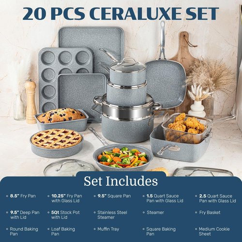 Granitestone Ceraluxe 20 Pc Ceramic Cookware Set Nonstick, Complete Pots and Pans Set Non Stick with 5 Pc Bakeware Set, Deep Frying Pan Set, & Steamer, Non Toxic PFOA Free, Oven & Dishwasher Safe