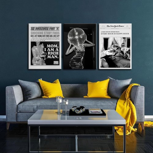 Disco Ball Tequila Fashion Poster Prints | Black and White Canvas Wall Art Set of 3 - Framed 12x16'' for Home Decor