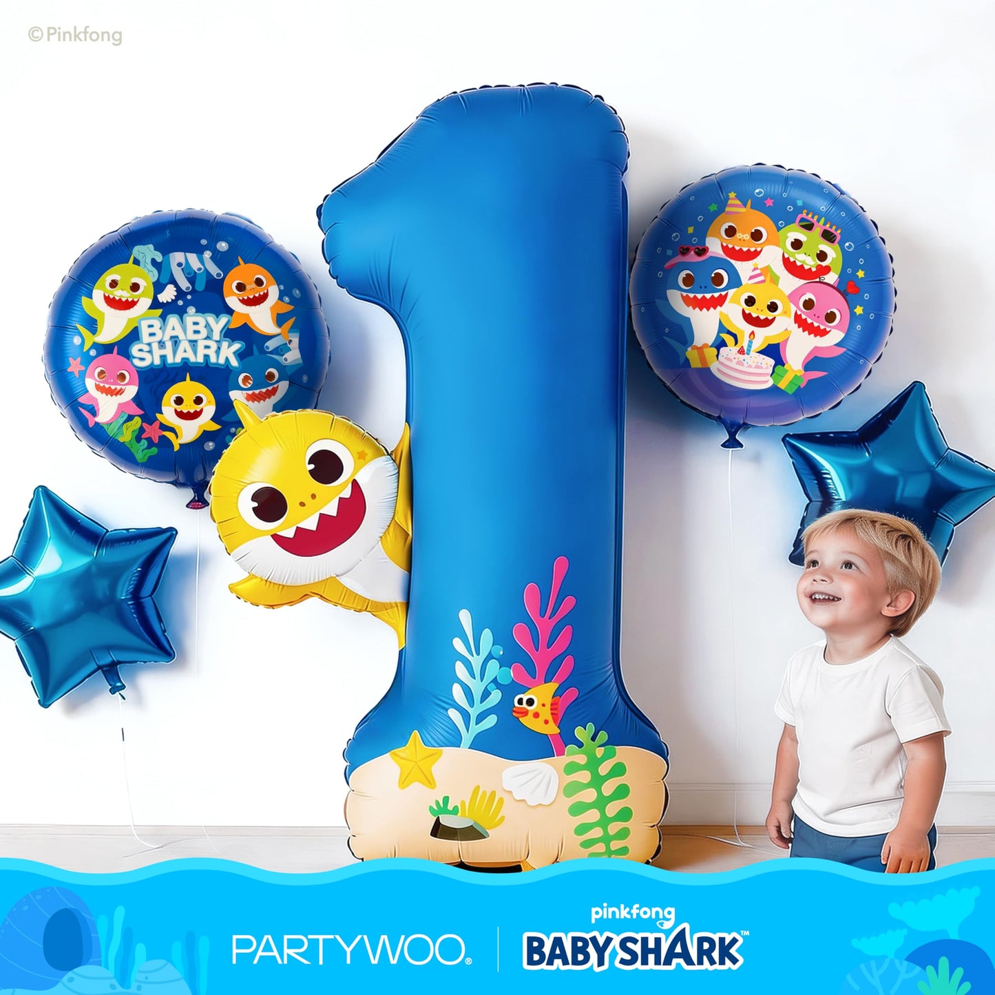 PartyWoo Baby Shark Blue Foil Number 1 Balloon 5pcs 40 18 Inch Blue Round Star Mylar Helium Birthday Balloons for Boys and Girls Baby Shark Under the Sea Ocean Kids First Birthday Party Decorations