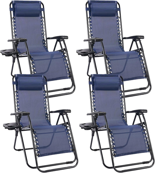 Sweetcrispy Zero Gravity Chairs - Set of 4 Portable Recliner Lounge Chairs with Cup Holders & Adjustable Pillows | Blue