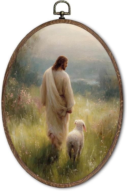 FLAWAFLOMA Jesus and Lamb Oval Wall Art - Rustic Christian Canvas Decor for Home or Church | 8.6x11.4 Inch