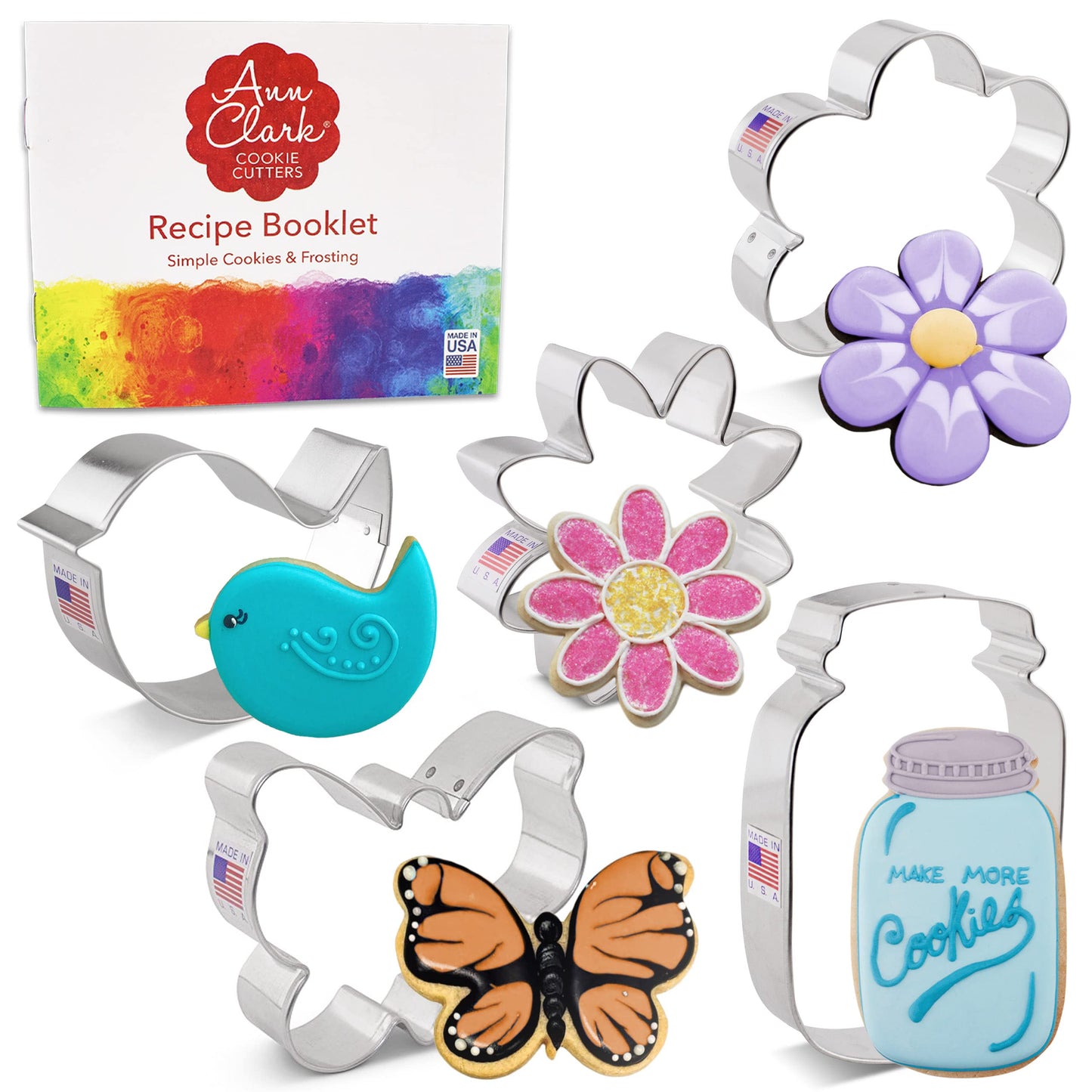 Ann Clark 5-Pc Mother's Day Flower Garden Cookie Cutter Set Made in USA, Butterfly, Bird, Flower, Daisy, Mason Jar