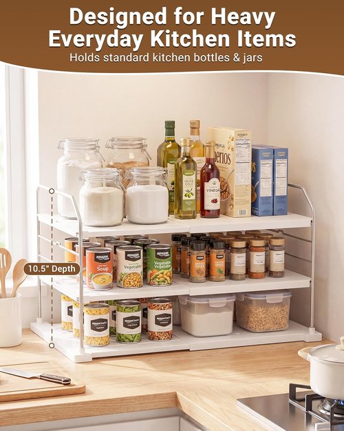 EVERIE 3-Tier Kitchen Cabinet Organizer - Adjustable Heavy-Duty Shelf Rack for Wraps & Snacks (11–16.7 in Wide)