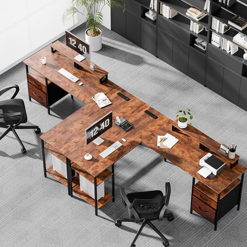 DUMOS L-Shaped Gaming Desk - 62 Inch with Charging Station & Dual Monitor Stands | Brown Corner Computer Desk with Drawer & Adjustable Shelves