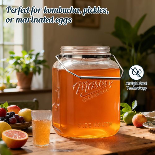 Dwbligt 2 Pack Square Wide Mouth Mason Jars, 1 Gallon Glass Jar With Airtight Lid and Scale Marks, 128 FL Oz/3785 ML Food Storage Containers with Handles & Non-slip Bases - for Flour, Rice, Pickling