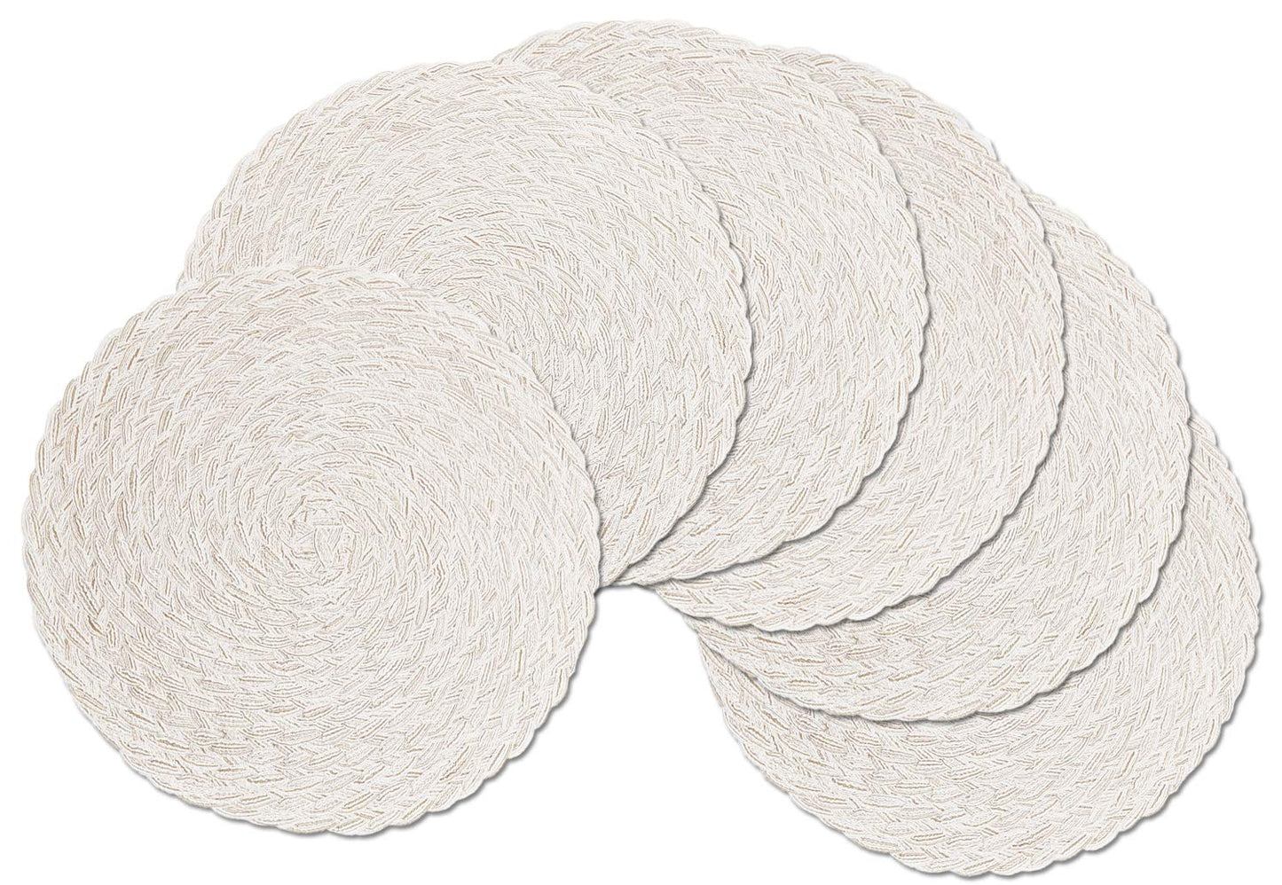 SHACOS Round Braided Placemats 15 inch Set of 6 Boho Thick Washable Kitchen Table Placemats for Home Wedding Party (T-Ivory, 6)
