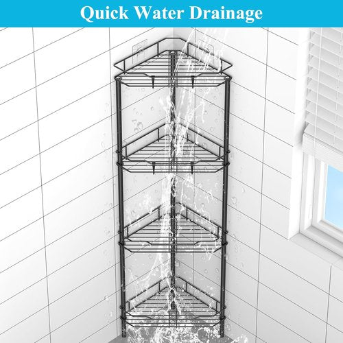 HuggieGems Corner Shower Caddy Organizer - 4 Tier Floor Standing Shelf with Hooks, Black Finish