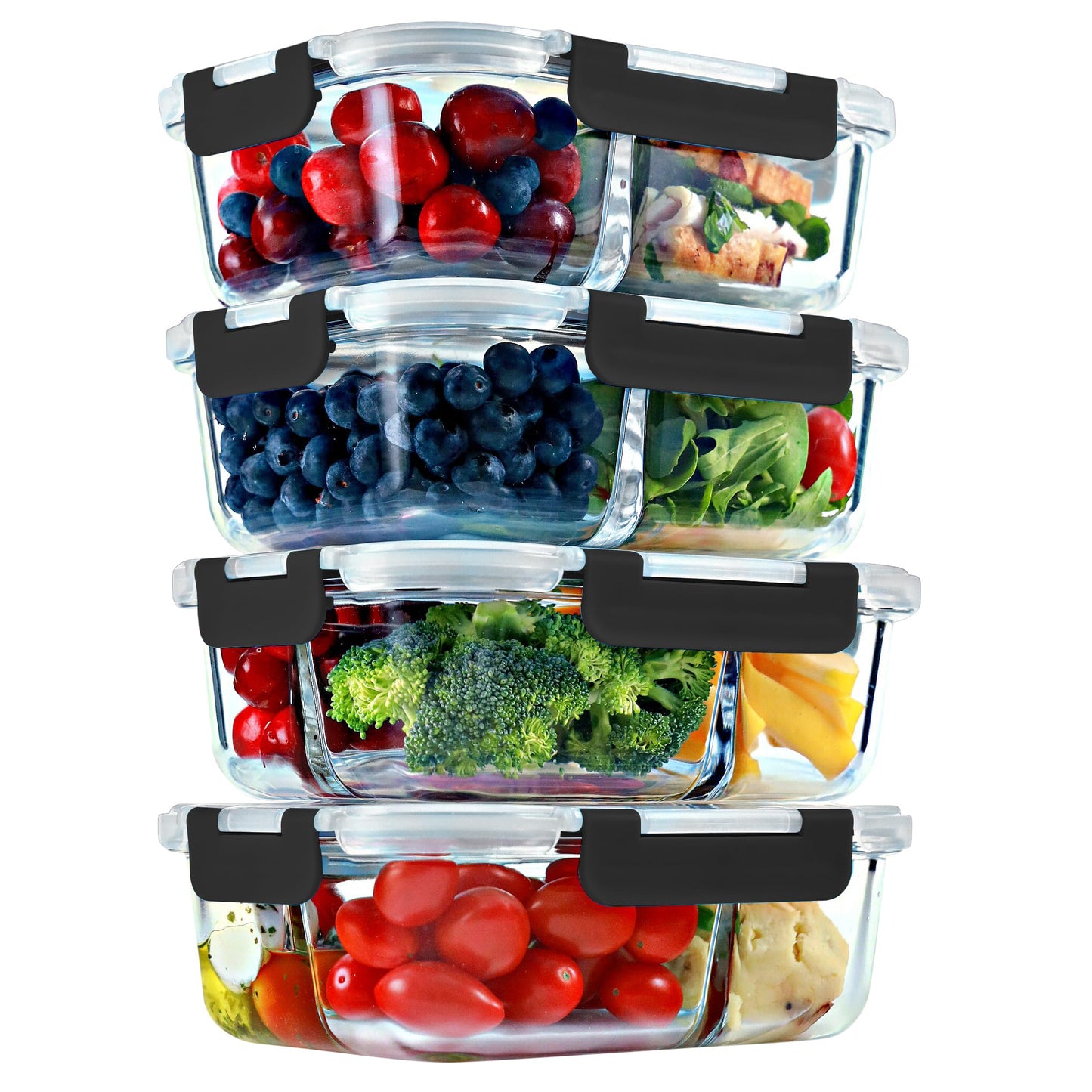 FIT Strong & Healthy Glass Meal Prep Containers, 2 & 3 Compartments – 32 oz Glass Containers with Lids, Food Storage with Black Lids, Oven & Freezer Safe, Leak-Proof Bento Box Adult, 4 Pack