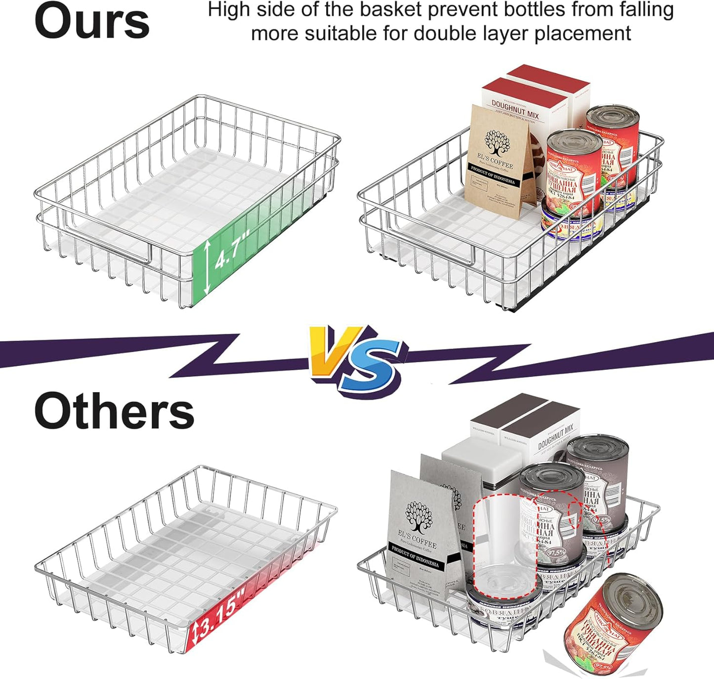 Skiennix Pull-Out Cabinet Organizer - Stainless Steel 4-Pack Drawer with Silent Slides | Spice Storage Rack for Kitchen & Pantry
