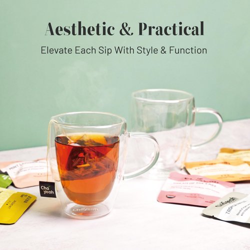 ChaYeah, Double Wall Glasses, 12 OZ Insulated Cups with Handle, Perfect for Tea, Coffee, Water, and More (Set of 2)