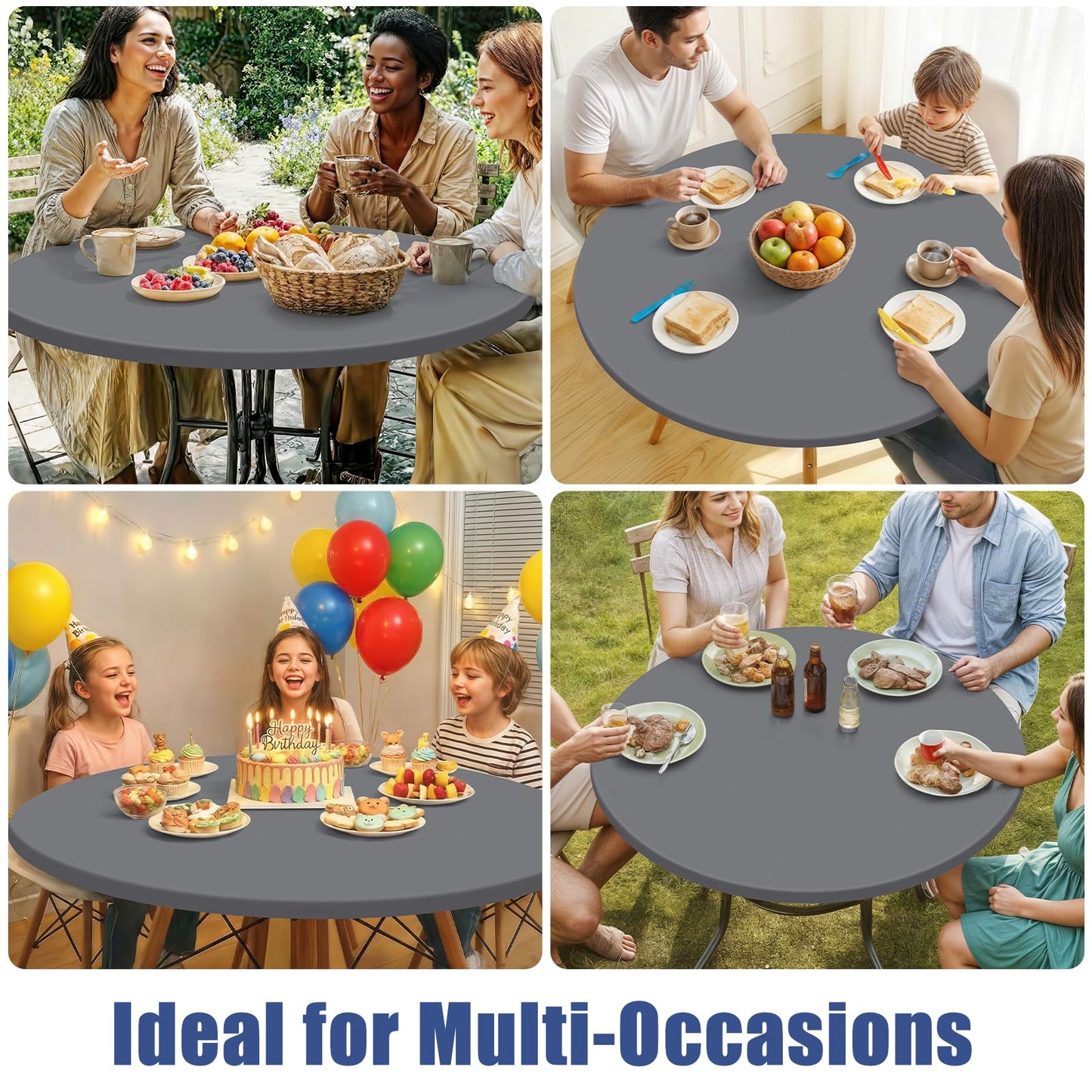 Moosfor Round Spandex Tablecloth 2 Pack, Elastic Fitted Waterproof Tablecloths for 36"-44" Tables, Stretch Washable Picnic Table Cover for Camping, Dining, Indoor and Outdoor, Grey