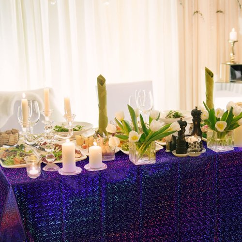 FunnyPars 4 Pack Iridescent Plastic Tablecloths Shiny Disposable Laser Rectangle Table Covers Holographic Foil Tablecloth Iridescent Kpop Birthday Bridal Wedding Party Decoration, 54"x108"(Purple)