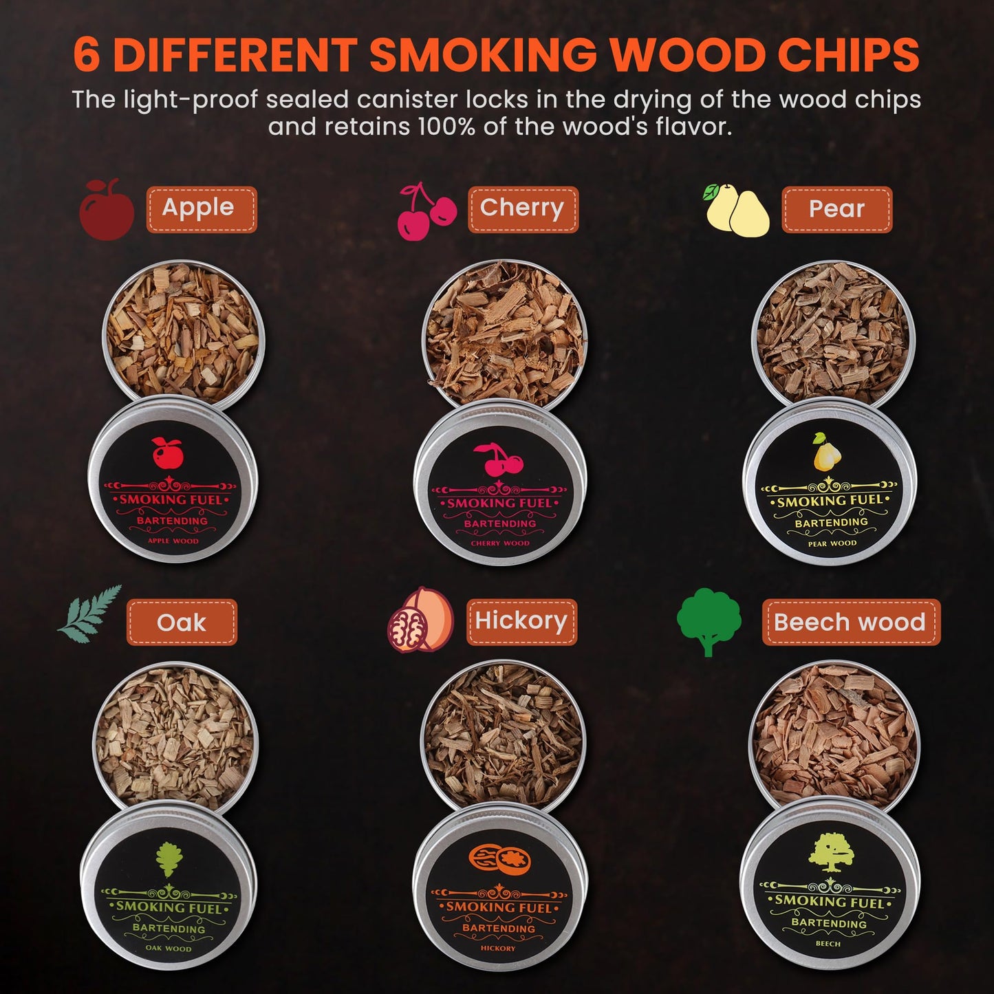 Cocktail Smoker Kit with Torch, 6 Flavors Wood Chips for Whiskey and Bourbon, Old Fashioned Smoker Kit for Infused Cocktail, Cheese, Salad and Meats, Gifts for Men, Dad and Boyfriend (No Butane)