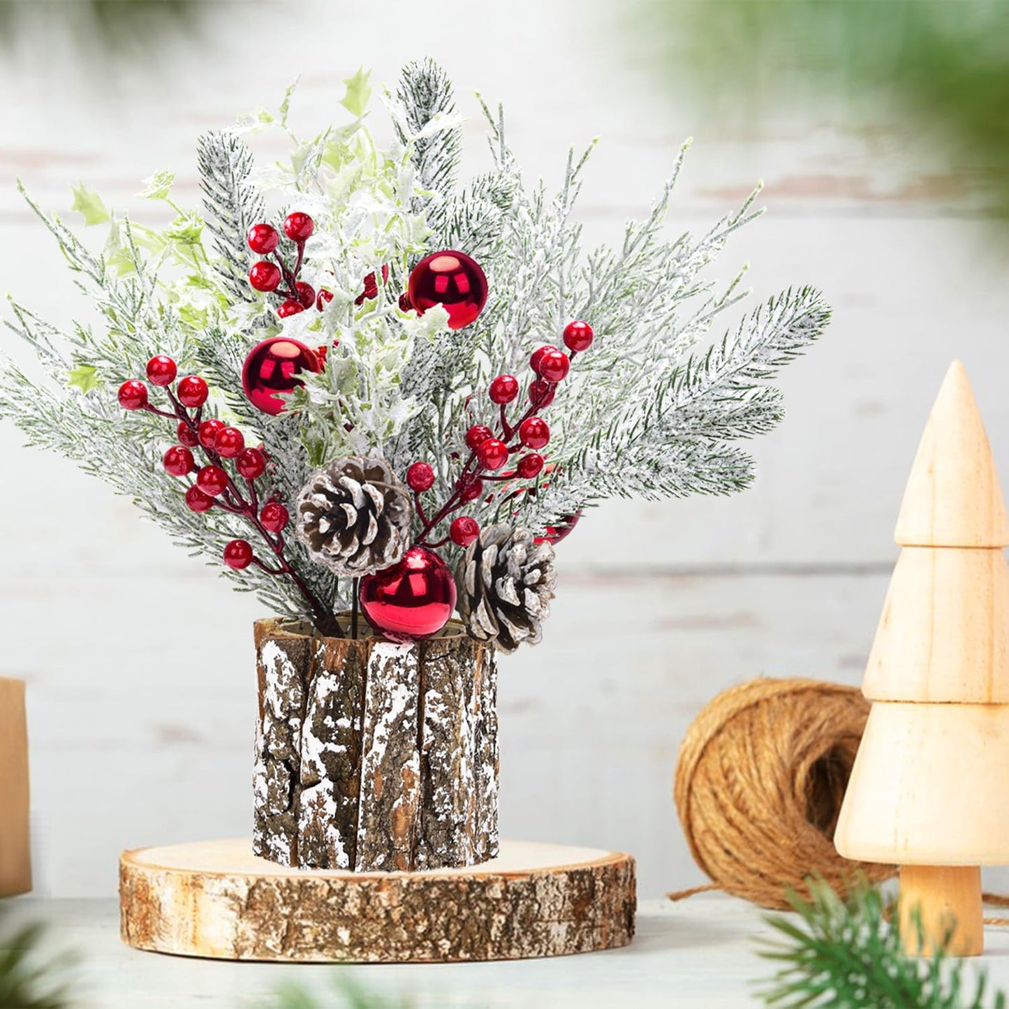 Skiennix Christmas Table Decorations - 14 Inch Potted Christmas Tree with Lights & Pine Cones | Holiday Centerpiece