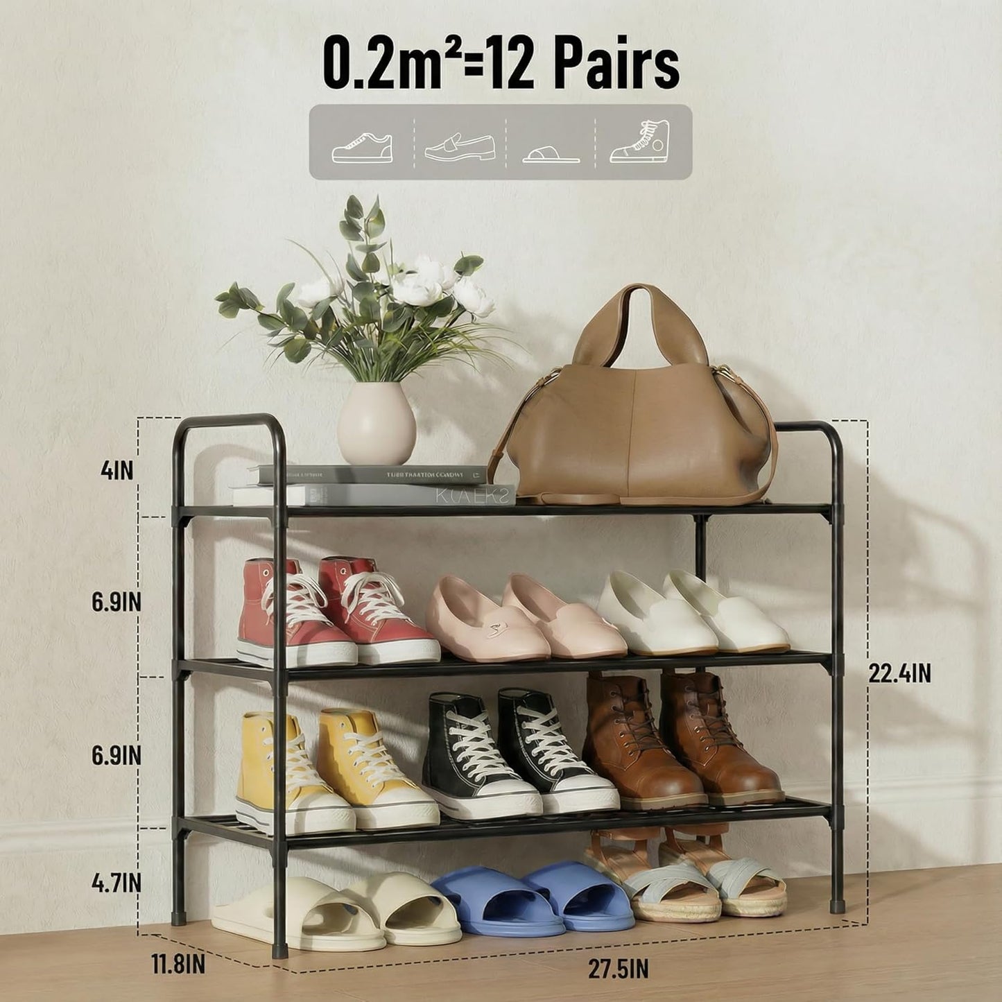 3-Tler Shoe Rack Organizer - Rustproof Iron Shoe Storage Shelf for Closet or Entryway | Fits Sneakers & Slippers, Black