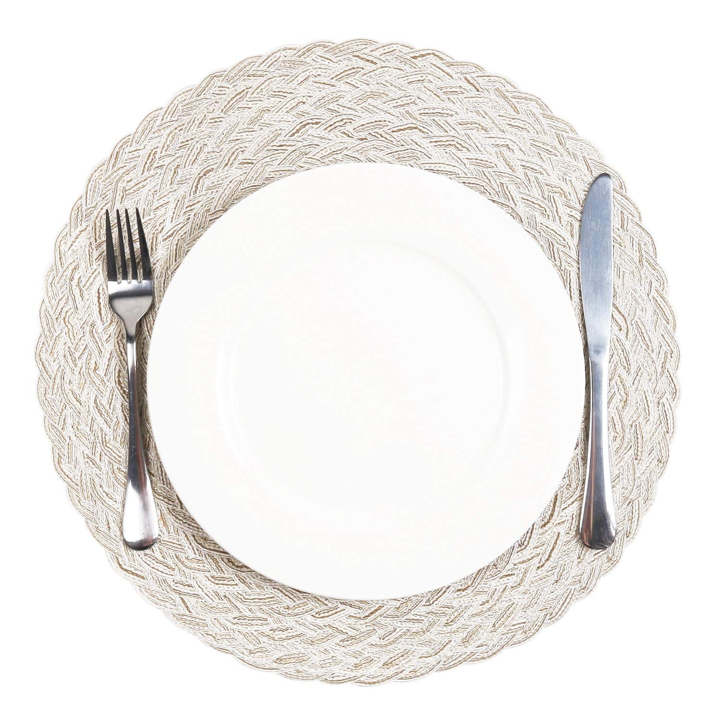 SHACOS Round Braided Placemats 15 inch Set of 6 Boho Thick Washable Kitchen Table Placemats for Home Wedding Party (T-Ivory, 6)