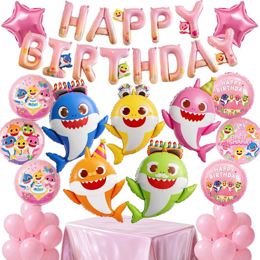PartyWoo Baby Shark Family Foil Balloons 37pcs Baby Shark Family Pink Round Star Mylar Happy Birthday Letter Balloons for Boys and Girls Under the Sea Kids Birthday Party Decorations