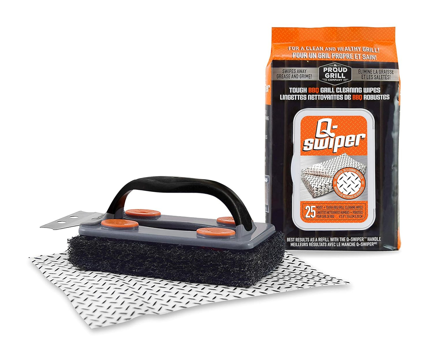 Proud Grill Q-Swiper BBQ Grill Cleaner Set - Bristle-Free Brush & 25 Safe Cleaning Wipes | Perfect for Grease Removal