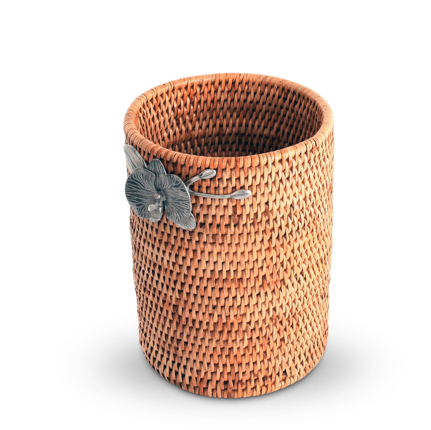 Vagabond House Wicker Rattan Utensil Holder, 8 Inches Tall, Large Kitchen Organizer with Pewter Orchid, Woven Boho Decor for Practicality and Style