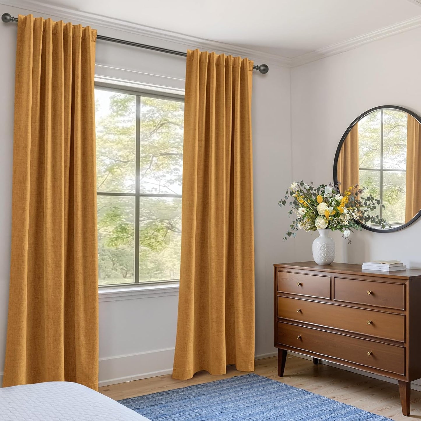 Skiennix 100% Blackout Linen Curtains - Thermal Insulated Drapes, Mustard Yellow, 50" W x 102" L, 2 Panels Set