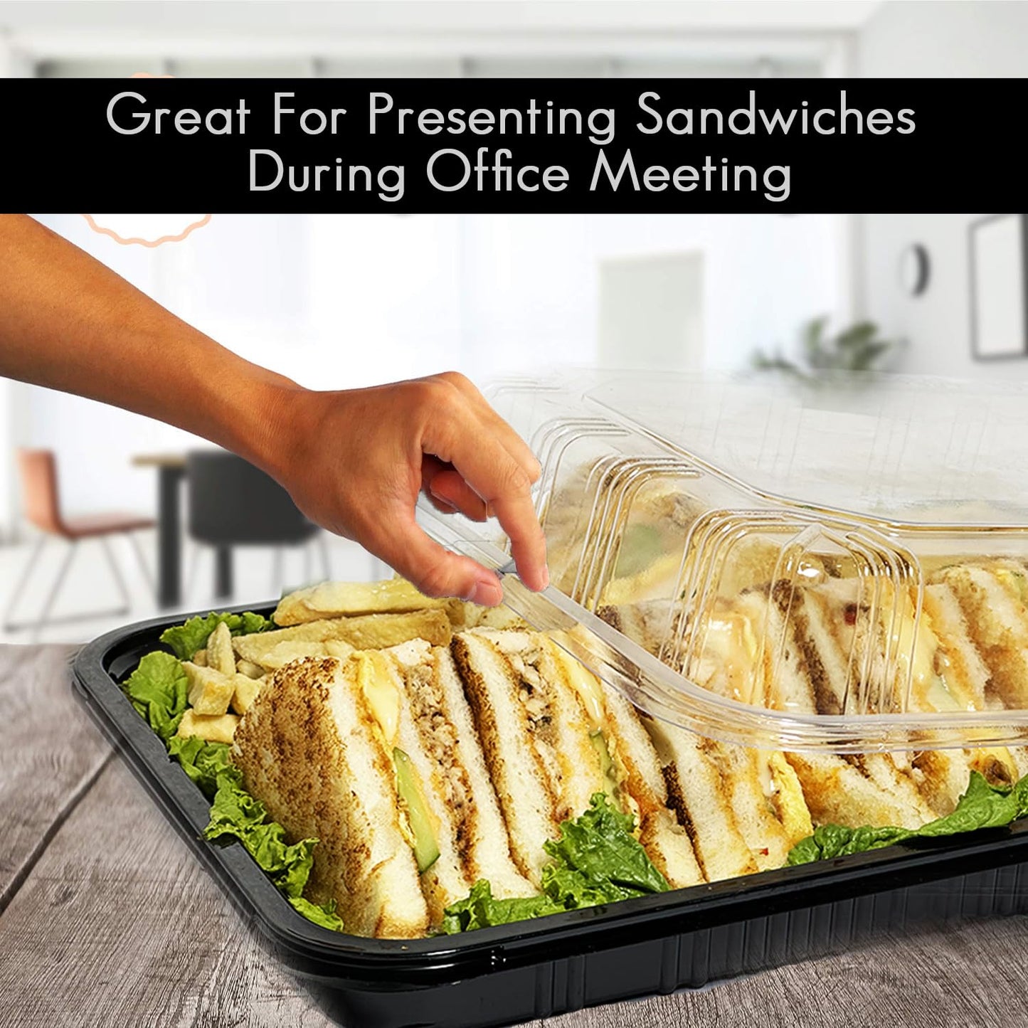 TRAYA Pack of 6 Serving Tray with lid - Reusable Catering Trays with Lids 13'' Long for Meal Prep, Cakes, Treats and Sandwiches (13.39 × 9.84 × 2.95 inch)