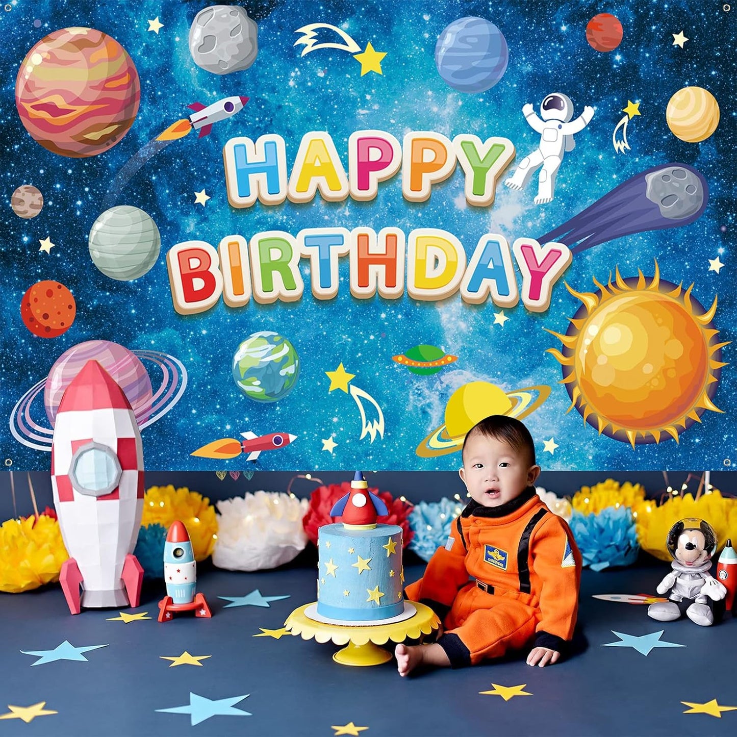 Space Happy Birthday Backdrop Banner - Large Blue Astronaut Decorations for Kids' Galaxy Theme Party