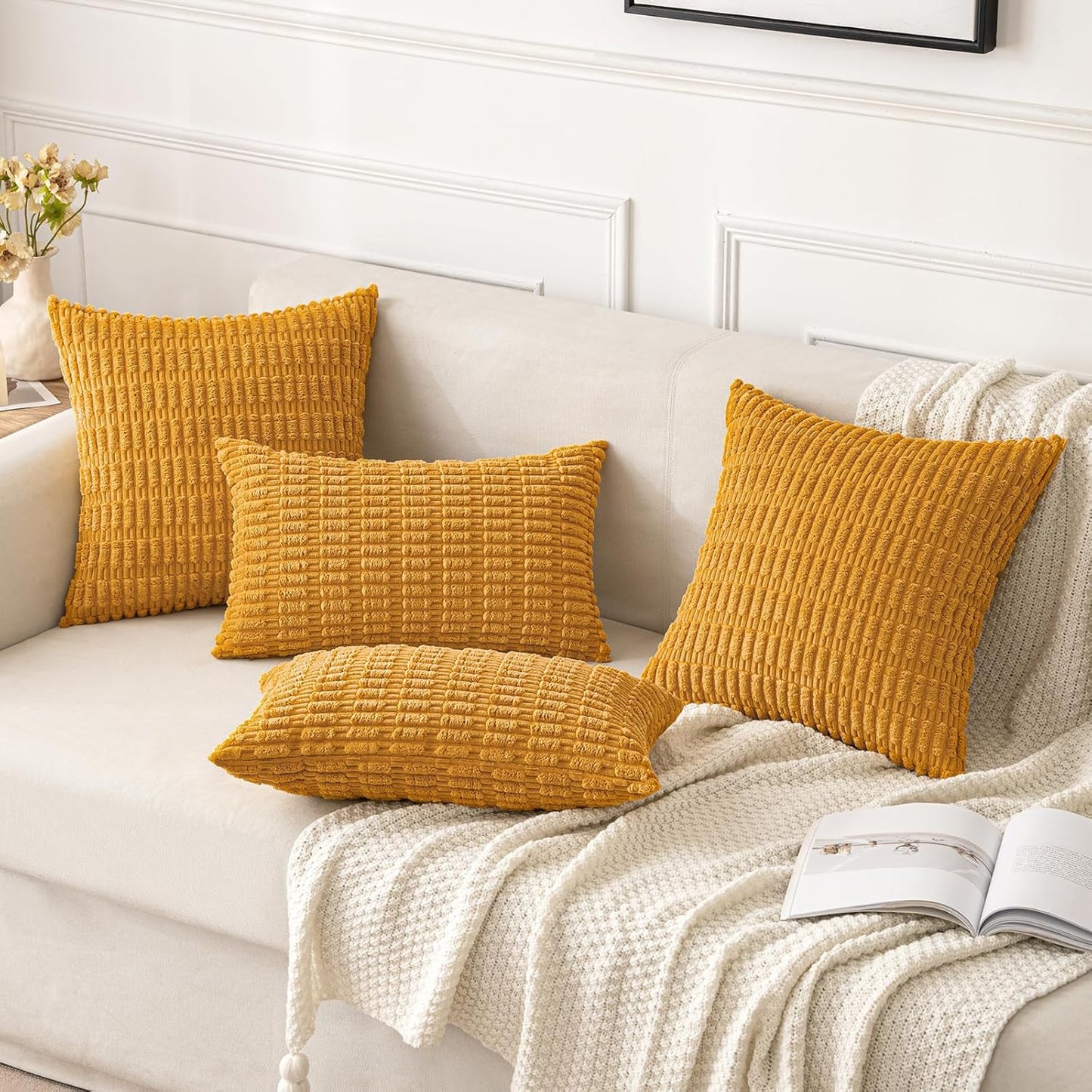 MIULEE Corduroy Throw Pillow Covers - Soft Boho Striped Design | 16x16 Inch for Modern Farmhouse Decor - Gold Yellow