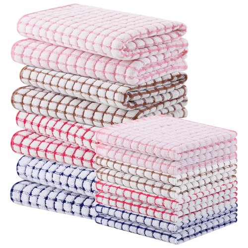 Homaxy Kitchen Towels and Dishcloths Set, 16 x 25 and 12 x 12 Inches, Set of 8 Cotton Terry Kitchen Dish Towels, Super Soft and Absorbent Dish Cloths, Blue/Pink/Red/Brown