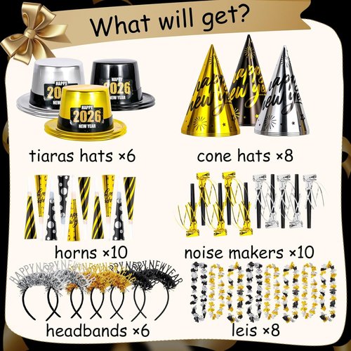 Atonofun New Year’s Eve Party Supplies - 48 Pcs for 20 Guests | Hats, Horns, Headbands & More