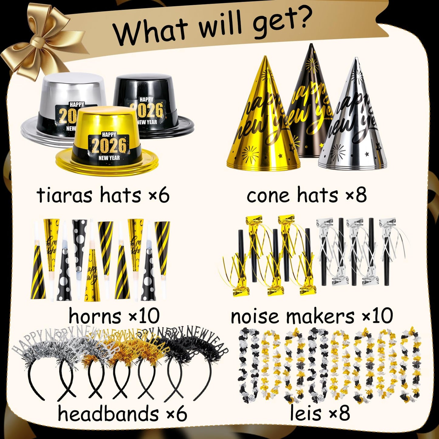 Atonofun 2026 New Years Eve Party Supplies for 20 Guests, 48 Pcs New Year Eve Party Hats and Horns, Headband, Tattoos, Blowouts, Leis 2026 New Year Party Favors