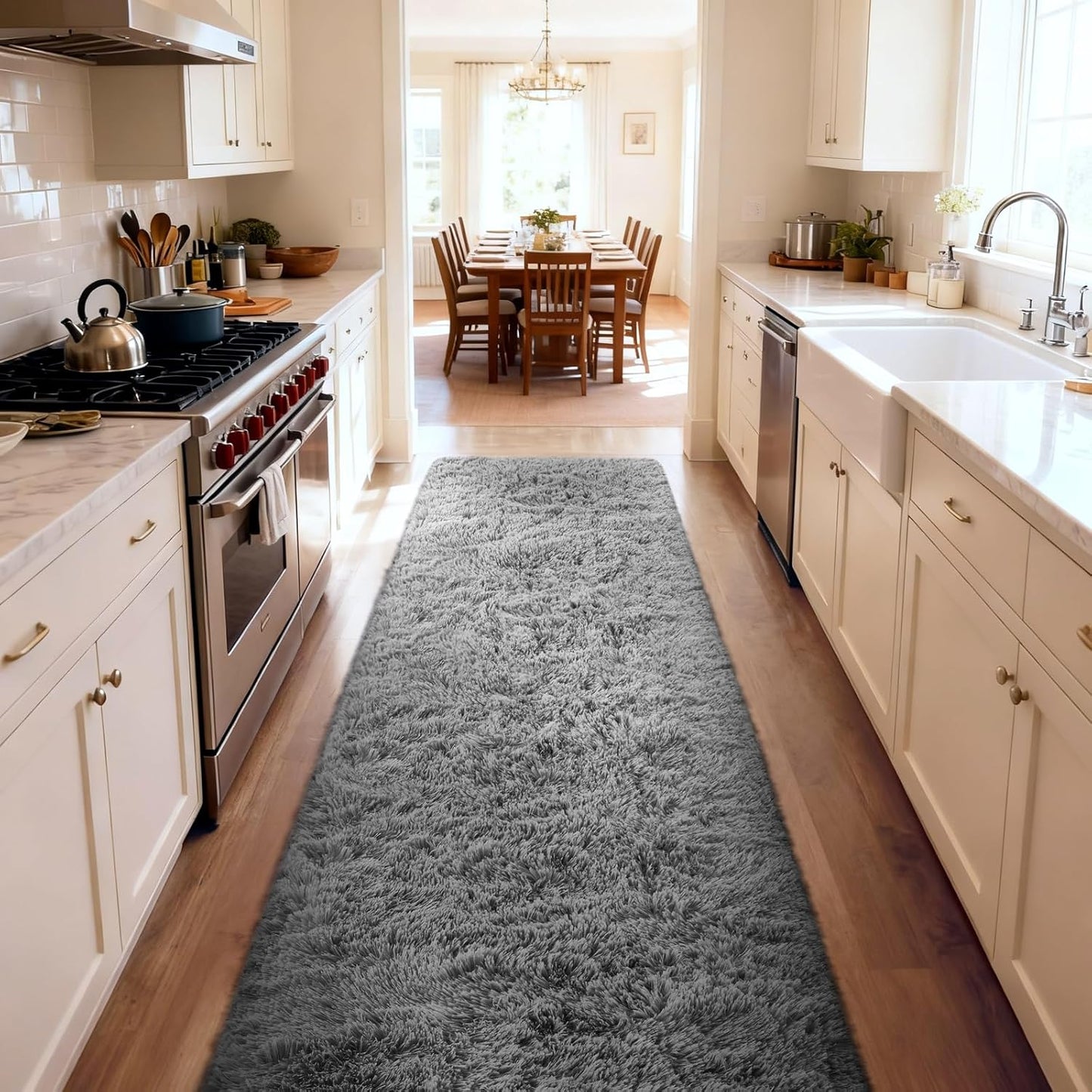 Ophanie 2x10 Non-Slip Runner Rug - Soft Fluffy Shaggy Gray Carpet for Hallway & Bedroom Decor