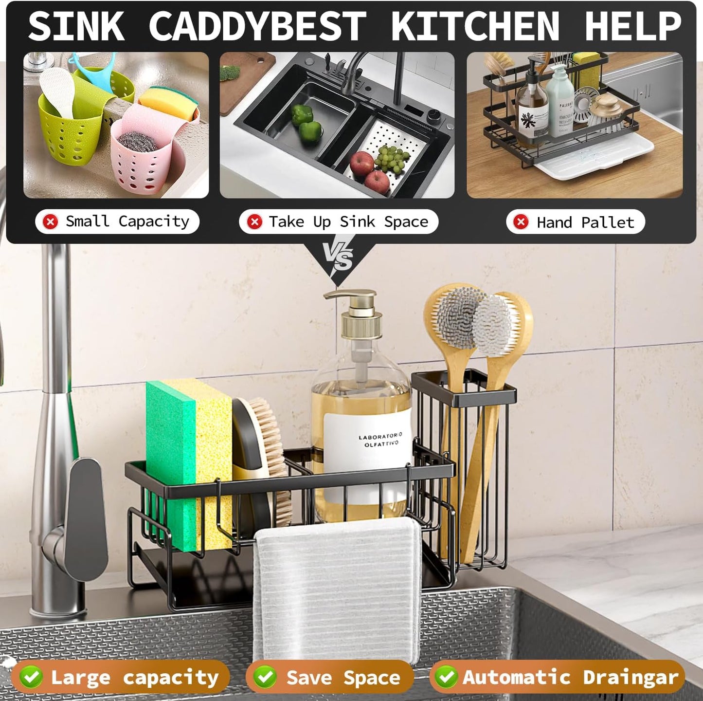 Skiennix Sponge Holder & Sink Caddy Organizer - Rustproof Kitchen Storage Solution | Carbon Black