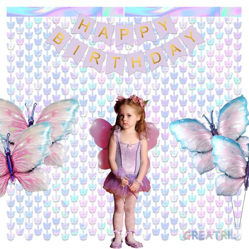 Iridescent Butterfly Fringe Party Backdrop - GREATRIL Fairy Streamers for Butterfly Princess Themed Birthdays Party Decoration - 3.2ft x 6.5ft - 2 Packs