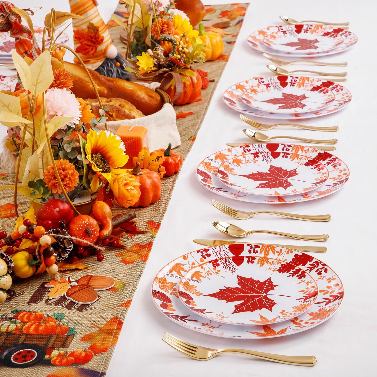Liacere 150PCS Thanksgiving Plastic Plates- Include 30 Dinner Plates, 30 Dessert Plate,30 Forks, 30 Gold Spoons, 30 Gold Knives Perfect for Thanksgiving＆ Fall Plates