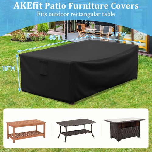 AKEfit Heavy Duty Waterproof Patio Furniture Covers - Black | 48"L x 28"W x 13"H for Square & Rectangle Tables