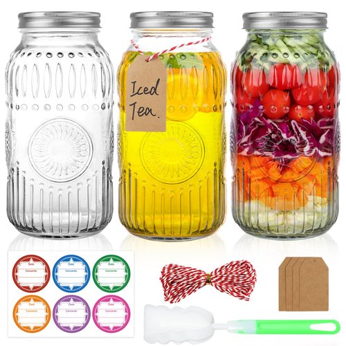 HINGWAH Wide Mouth Mason Jars 64 oz, 3 Pack Large Half Gallon Mason Jars with Airtight Lids and Bands, Clear Glass Canning Jars for Preserving, Pickling, Fermenting, Meal Prep & DIY Crafts (Sunflower)