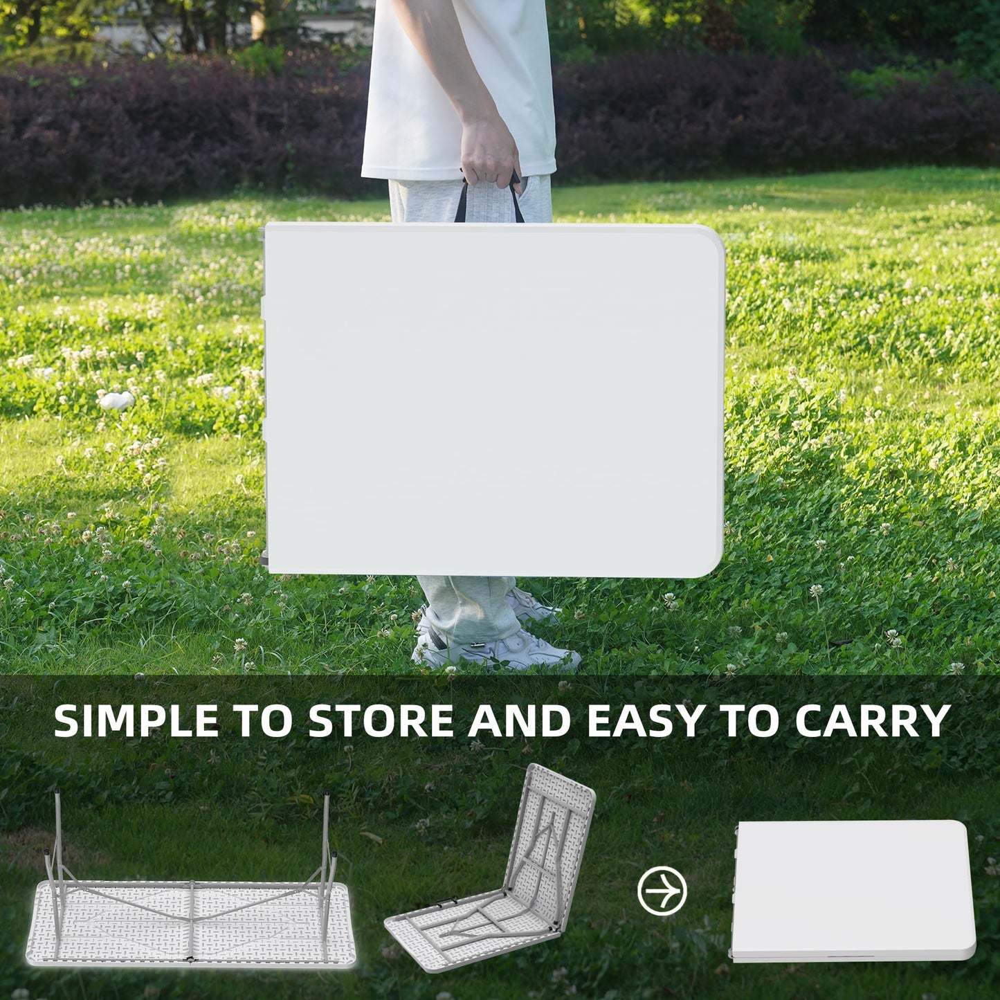 Allpop 6Ft Folding Table for Indoor Outdoor, Fold-in-Half Portable Plastic Dining Table with Carrying Handle for Picnic Party Camping, White