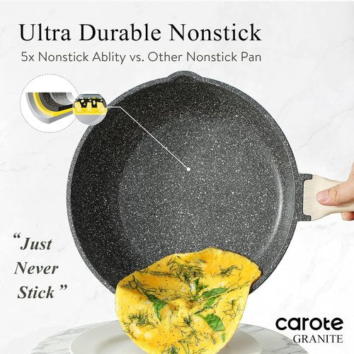 CAROTE Nonstick Deep Frying Pan - Jumbo 10/12/12.5 Inch Skillet with Lid & Pour Spout | PFOA Free Classic Granite