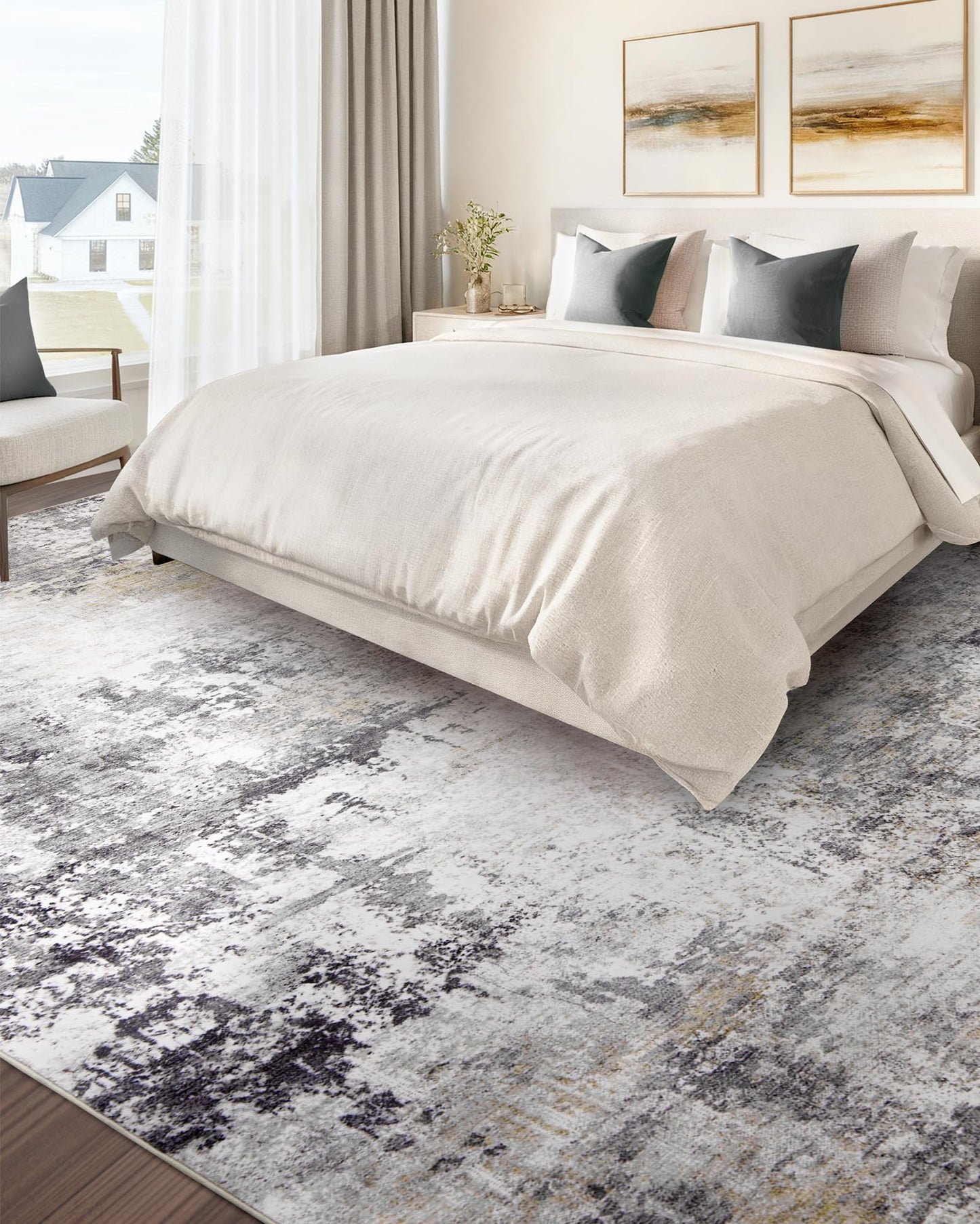 AUKOW Area Rug Living Room Rugs - 8x10 Modern Abstract Soft Indoor Neutral Washable Rug Stain Resistant Non-Slip Low Pile Carpet for Bedroom Dining Room Home Office - Charcoal Grey