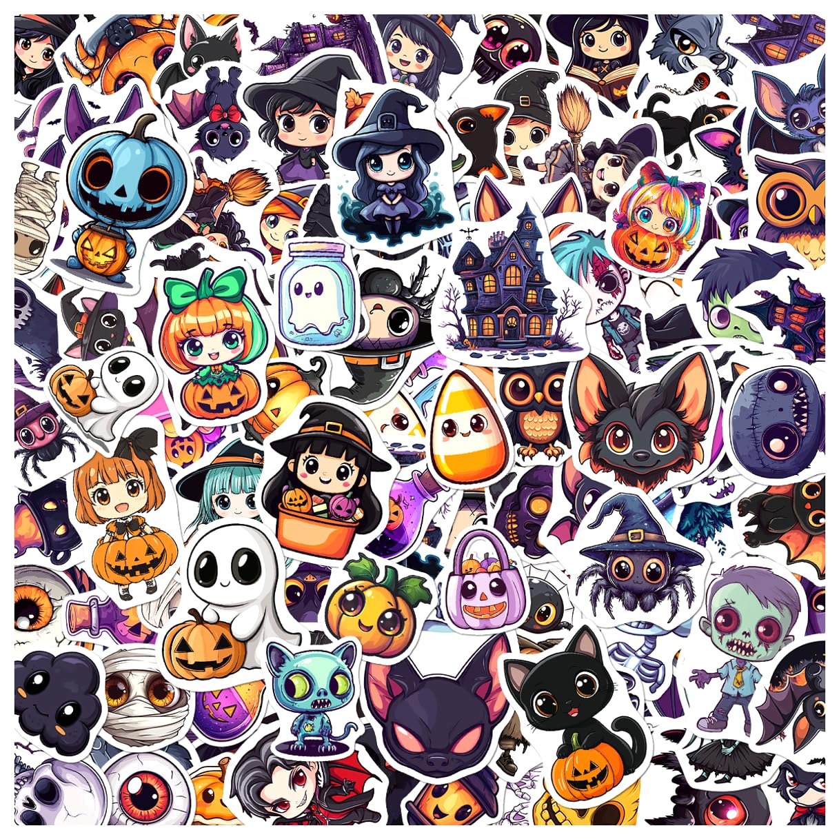 Halloween Style Cartoon Stickers Pack Cute Ghost Witch Pumpkin Cat Designs Vinyl Waterproof Non Repeating Holiday Party Decor for Kids Teens Lovers 108Pcs Hat Skateboard
