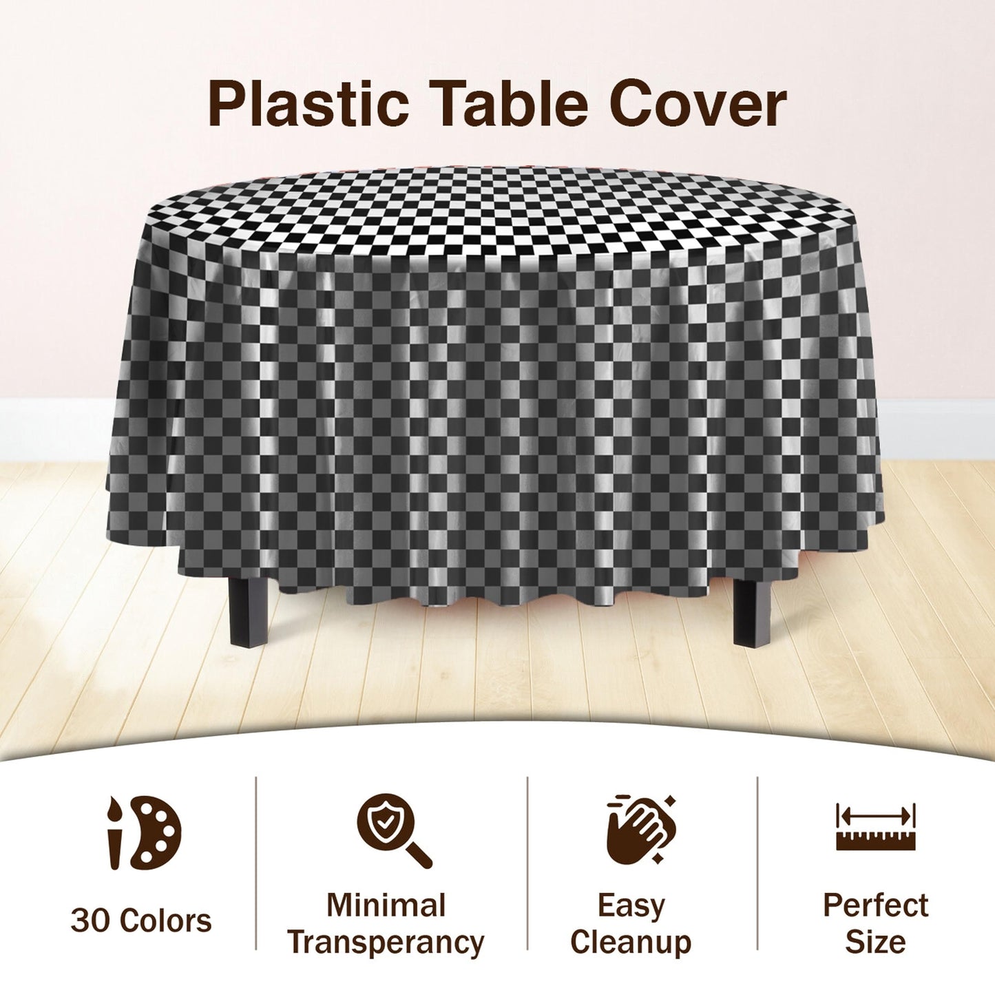 Party Solids Checkered Round Plastic Tablecloth - 84 Inch, Pack Of 24