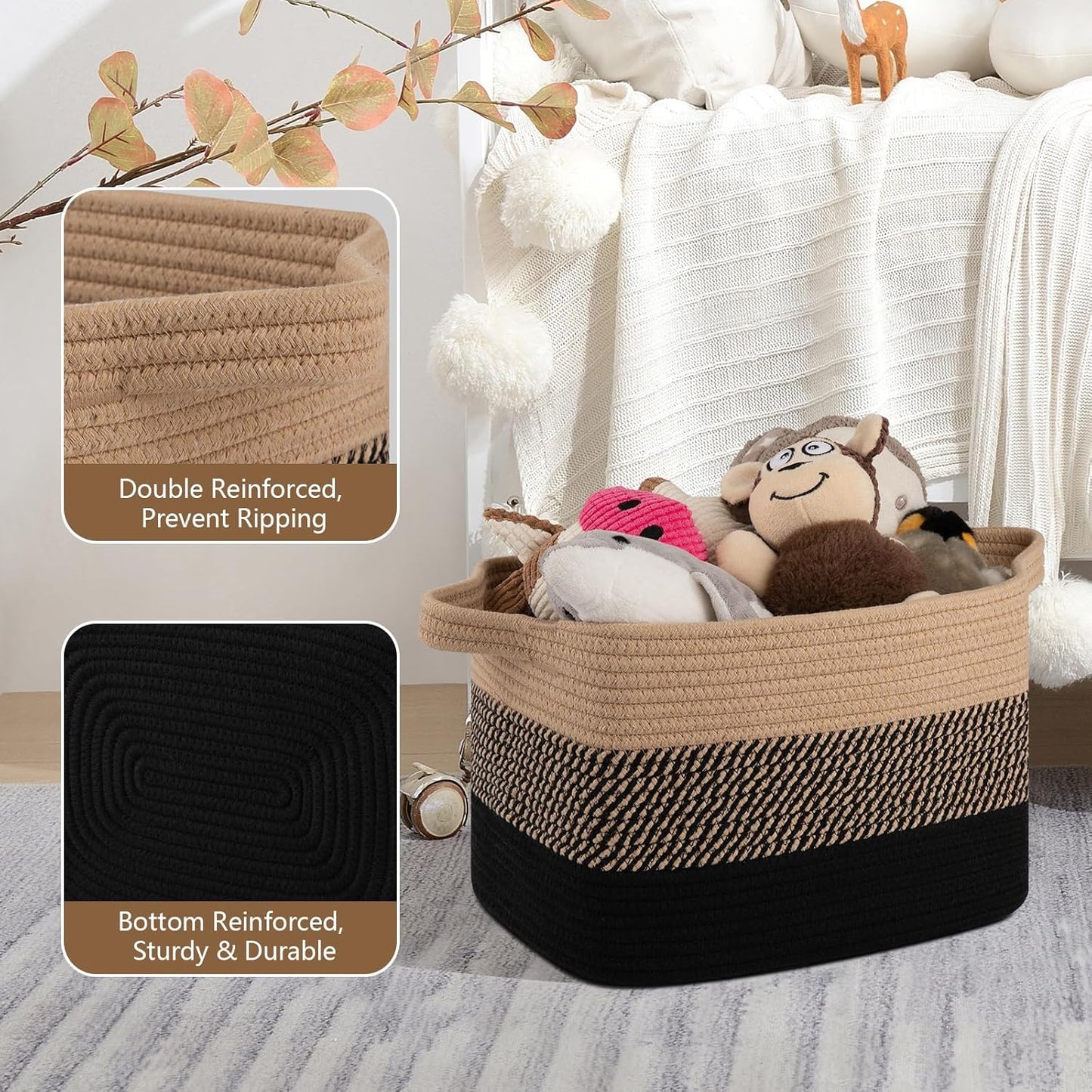 OIASKET Storage Basket - Woven Organizing Bins for Toys, Books, Nursery | Pack of 3 (Black & Brown, 13"x9.85"x8.7")