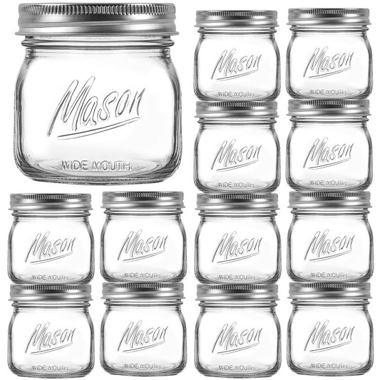Ieavier 12PCS Wide Mouth Mason Jars 16oz with Airtight Lids and Bands, Canning Jars with Crystal Glass for Food Storage, Spice Jars, Canning, DIY Projects, Jam, Jelly, Honey, Preserving, Drinking