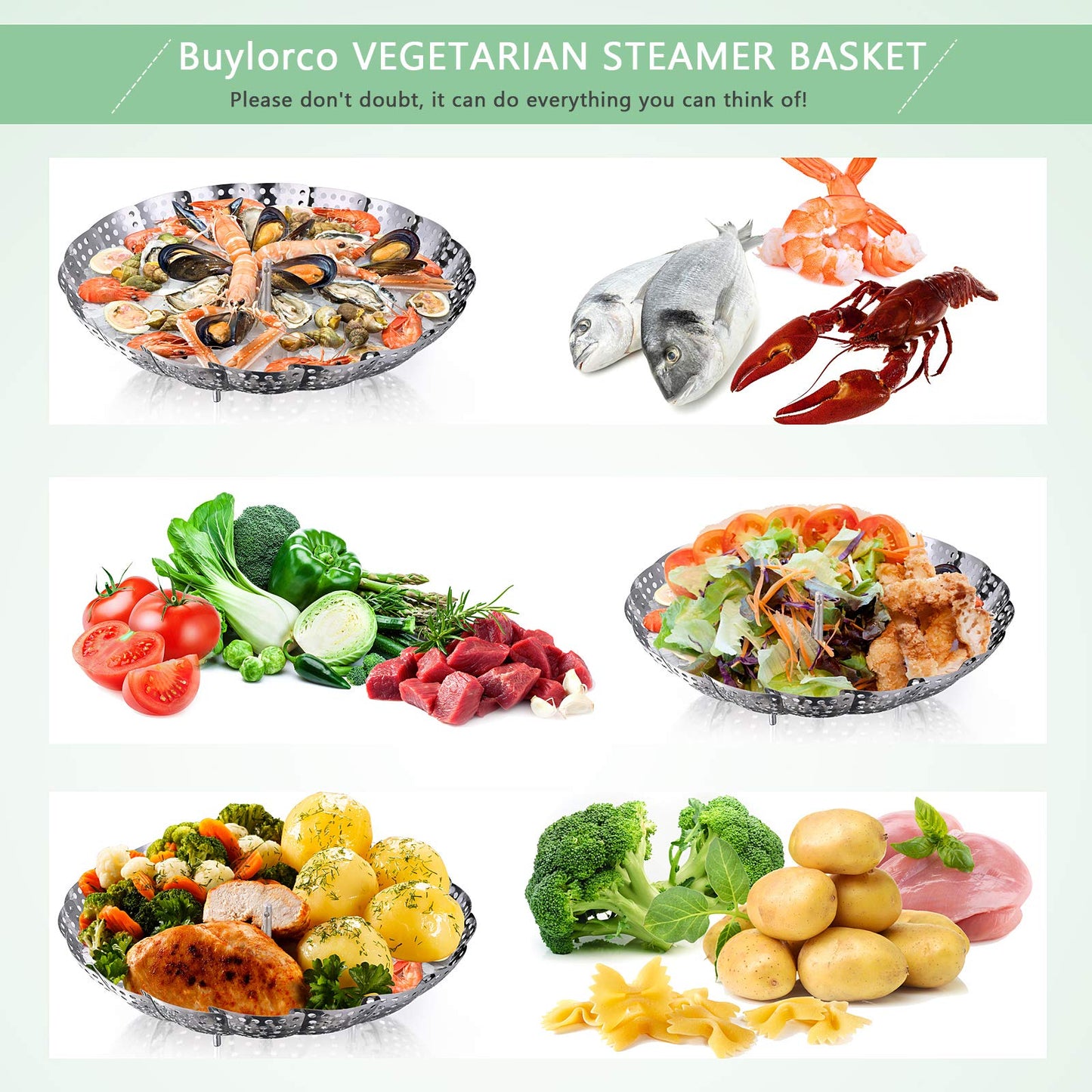 Buylorco Stainless Steel Folding Vegetable Steamer Insert Steamer Cookware for Veggie Seafood Cooking (Fit Pots 7" to 11")