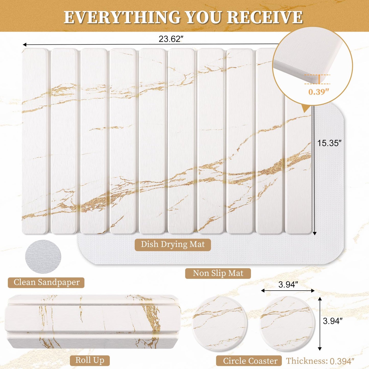 3 PCS Large Stone Dish Drying Mat for Kitchen Counter - Quick Dry Diatomaceous Earth Mat with 2 Coasters, Ultra Absorbent Stone Drying Pad for Dishes & Cups, Heat Resistant, Gold Marble
