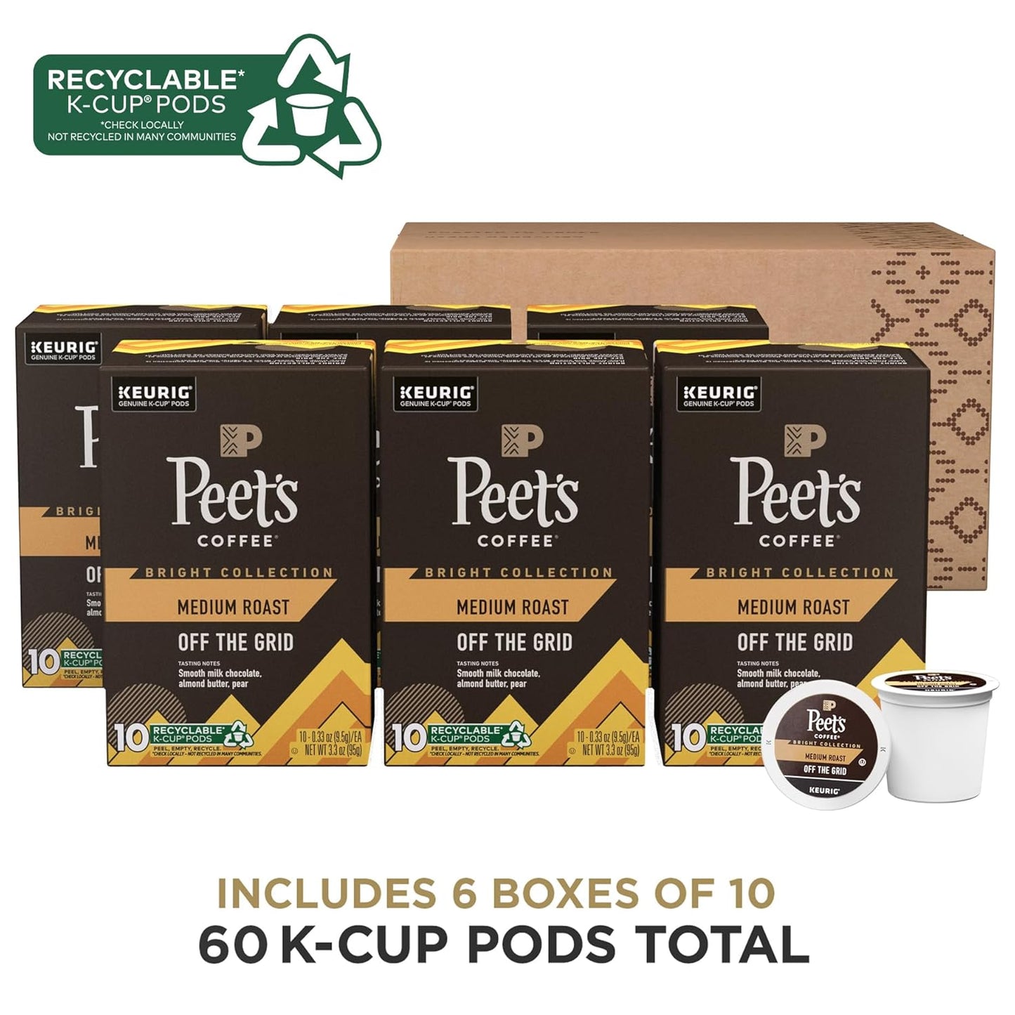 Peet's Coffee Medium Roast K-Cup Pods - 100% Arabica Coffee, 60 Count (6 Boxes of 10 Pods)