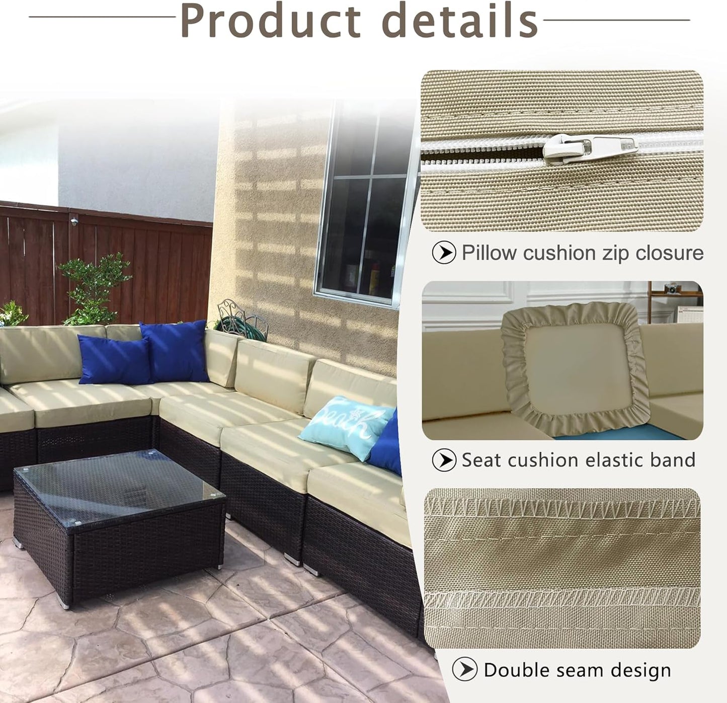Sqodok Waterproof Outdoor Cushion Covers - 14-Piece Slipcovers for 7-Piece Rattan Wicker Sectional Sofa | Washable Tan