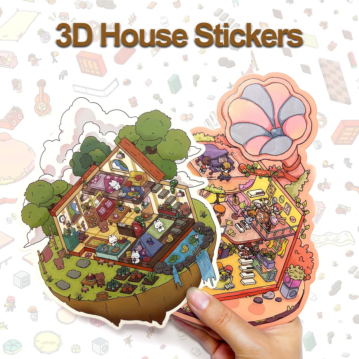 Miniature DIY 3D House Sticker Scene - 16 Sets Fun 3D Stickers for Adults Kids Relief Stress Pass The Time